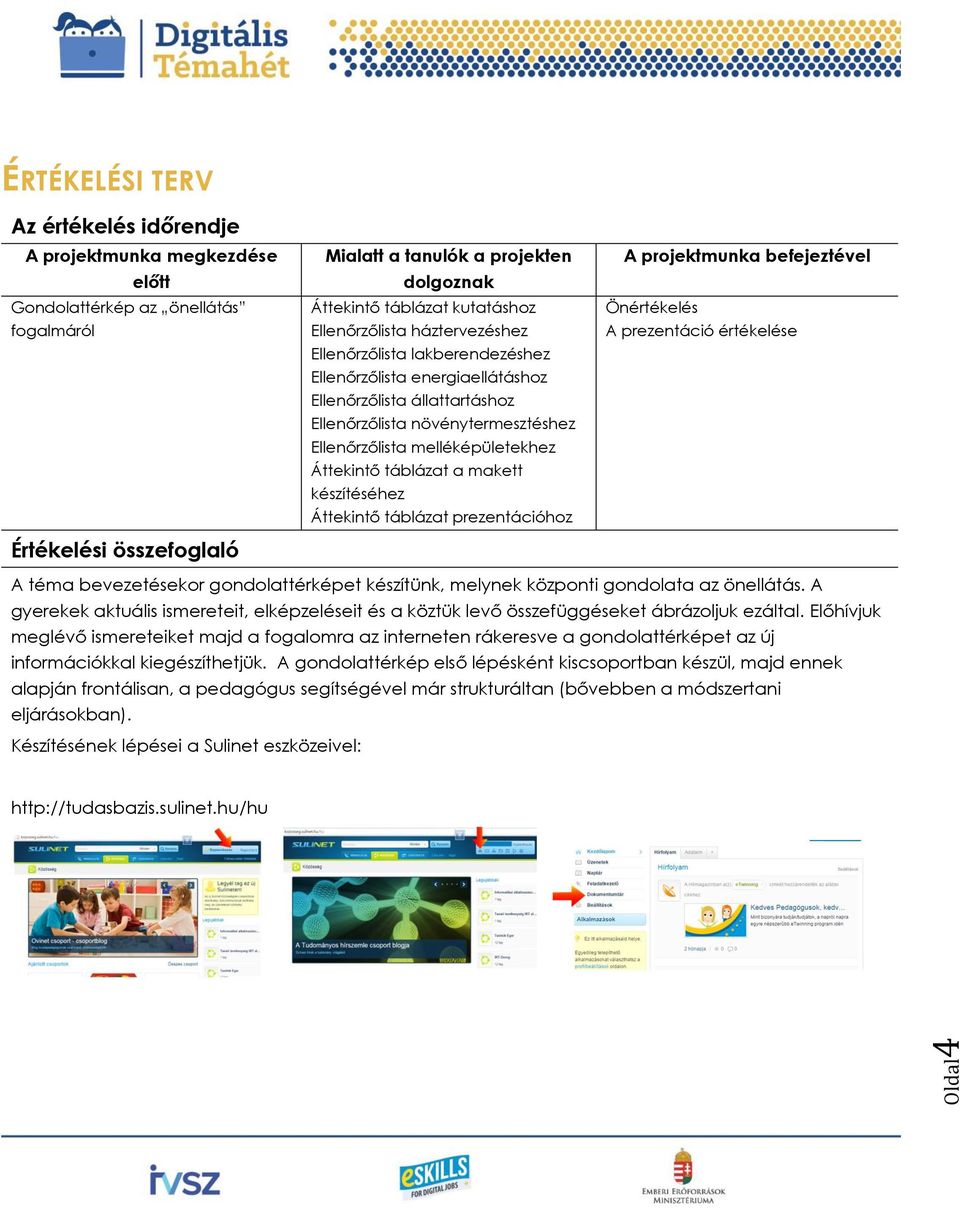 melléképületekhez Áttekintő táblázat a makett készítéséhez Áttekintő táblázat prezentációhoz A projektmunka befejeztével Önértékelés A prezentáció értékelése A téma bevezetésekor gondolattérképet