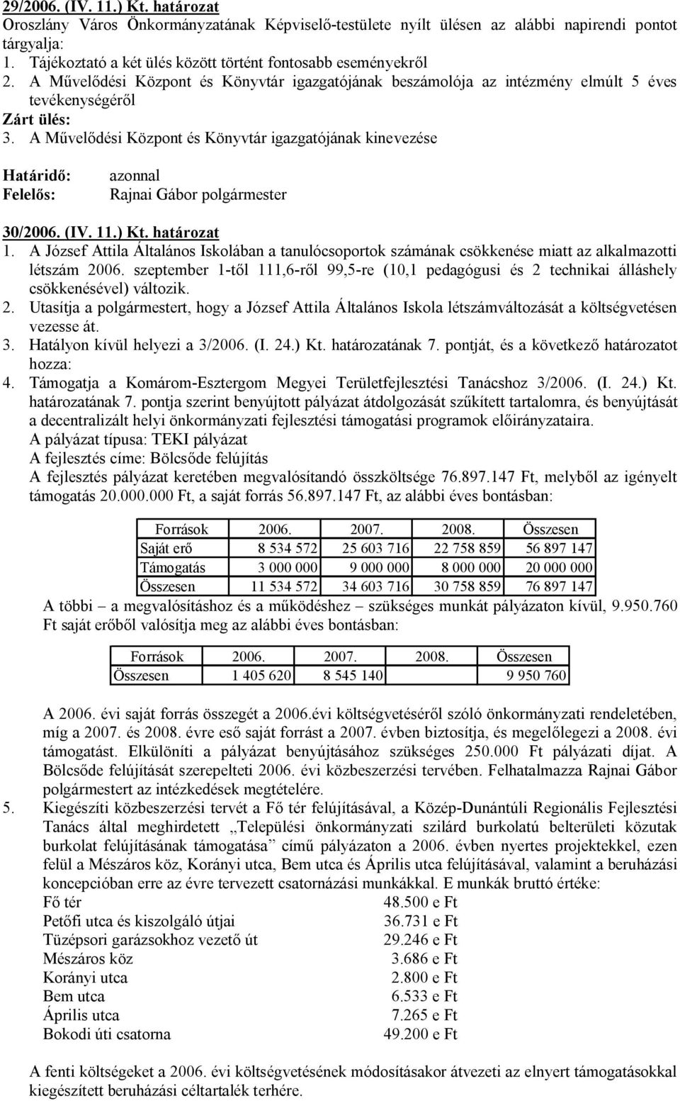 A Művelődési Központ és Könyvtár igazgatójának kinevezése Határidő: Felelős: azonnal Rajnai Gábor polgármester 30/2006. (IV. 11.) Kt. határozat 1.