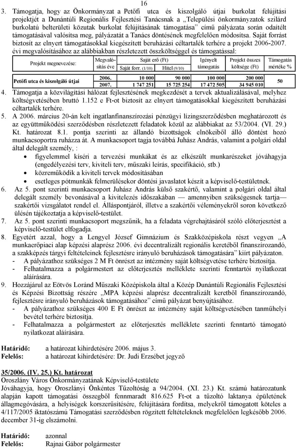 Saját forrást biztosít az elnyert támogatásokkal kiegészített beruházási céltartalék terhére a projekt 2006-2007.