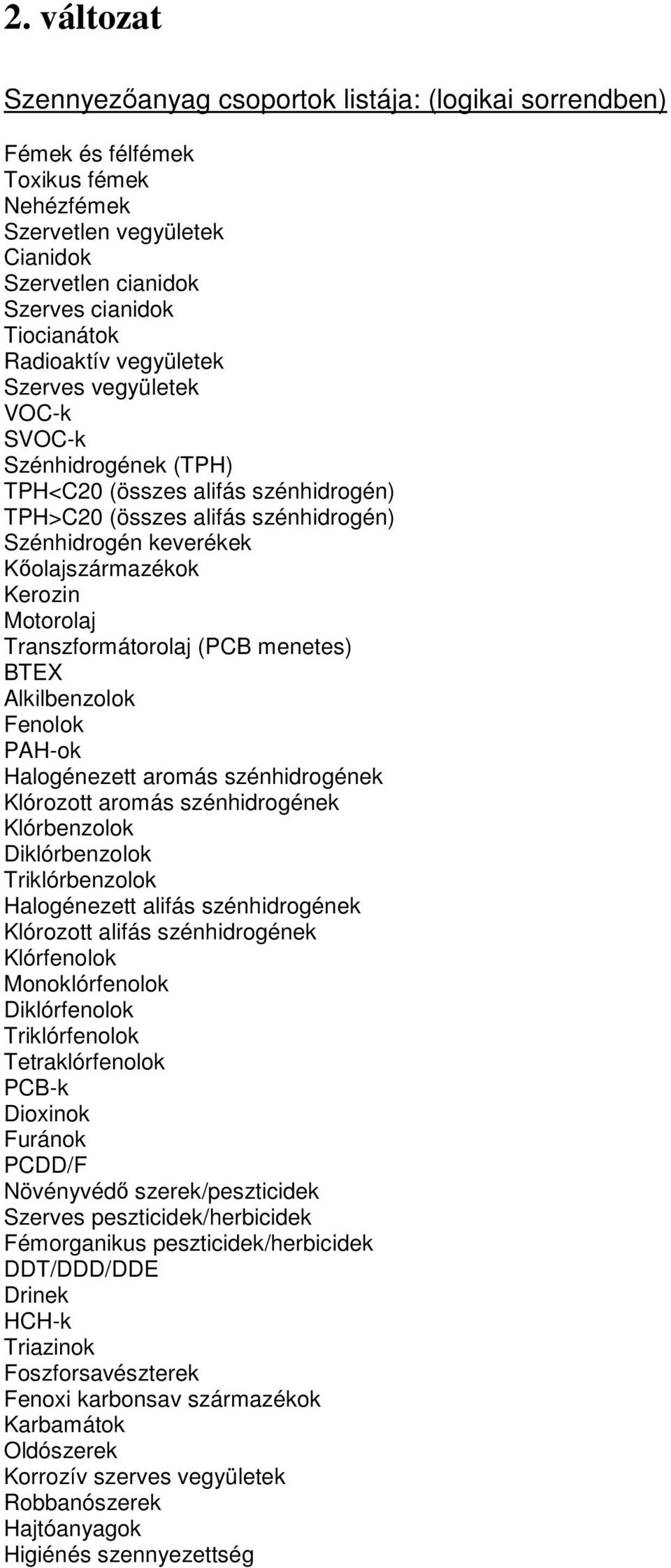 Motorolaj Transzformátorolaj (PCB menetes) BTEX Alkilbenzolok Fenolok PAH-ok Halogénezett aromás szénhidrogének Klórozott aromás szénhidrogének Klórbenzolok Diklórbenzolok Triklórbenzolok