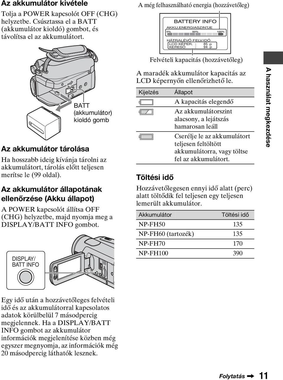 85 p KERESŐ 94 p Felvételi kapacitás (hozzávetőleg) BATT (akkumulátor) kioldó gomb Az akkumulátor tárolása Ha hosszabb ideig kívánja tárolni az akkumulátort, tárolás előtt teljesen merítse le (99