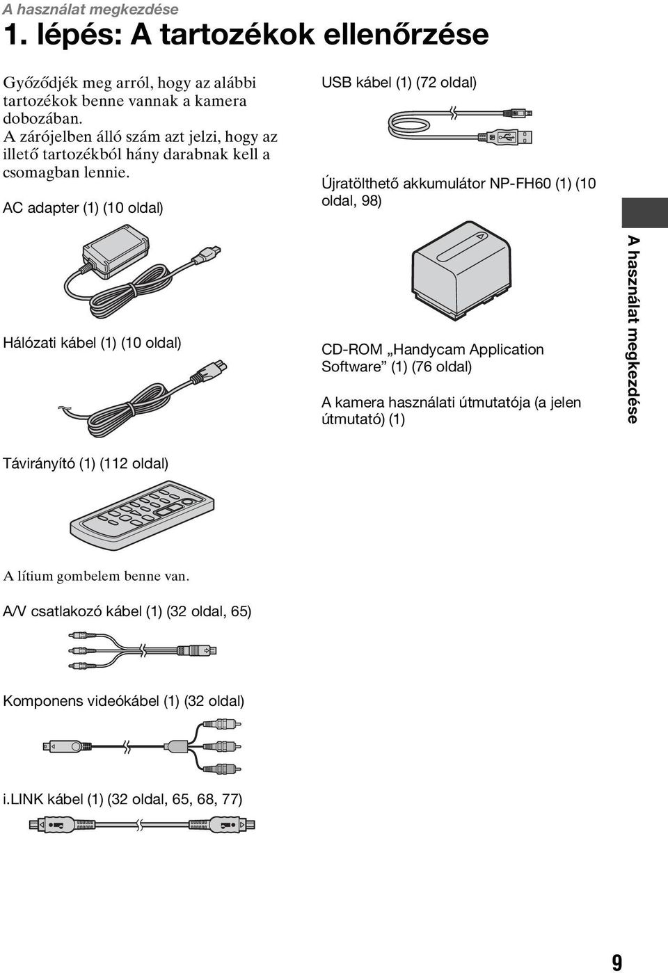 AC adapter (1) (10 oldal) USB kábel (1) (72 oldal) Újratölthető akkumulátor NP-FH60 (1) (10 oldal, 98) Hálózati kábel (1) (10 oldal) CD-ROM Handycam Application