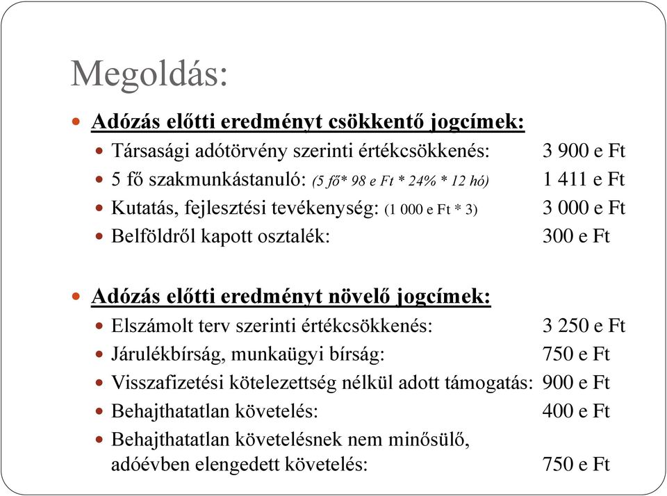 eredményt növelő jogcímek: Elszámolt terv szerinti értékcsökkenés: 3 250 e Ft Járulékbírság, munkaügyi bírság: 750 e Ft Visszafizetési