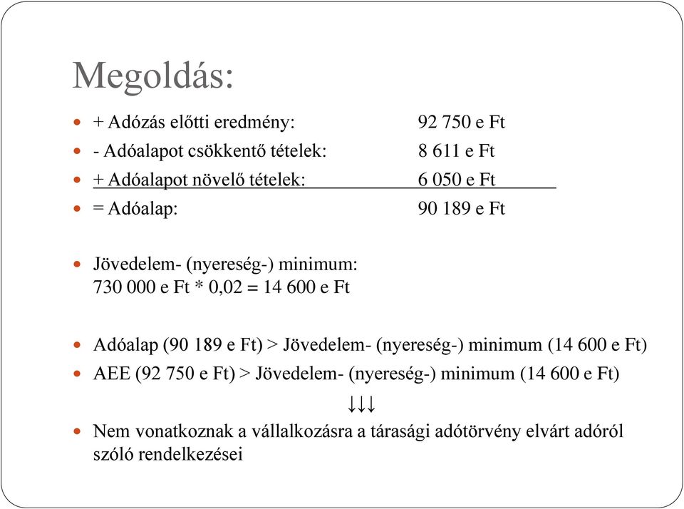 (90 189 e Ft) > Jövedelem- (nyereség-) minimum (14 600 e Ft) AEE (92 750 e Ft) > Jövedelem- (nyereség-)