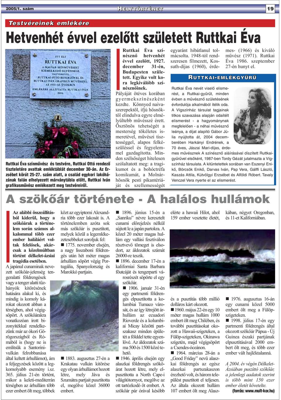 Az Erzsébet körút 25-27. szám alatt, a család egykori lakóházának falán elhelyezett márványtábla elõtt, Ruttkai Iván grafikusmûvész emlékezett meg testvéreirõl.
