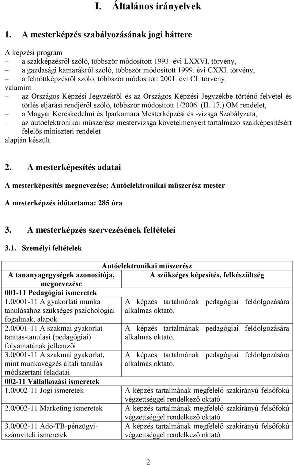 törvény, valamint az Országos Képzési Jegyzékről és az Országos Képzési Jegyzékbe történő felvétel és törlés eljárási rendjéről szóló, többször módosított 1/2006. (II. 17.