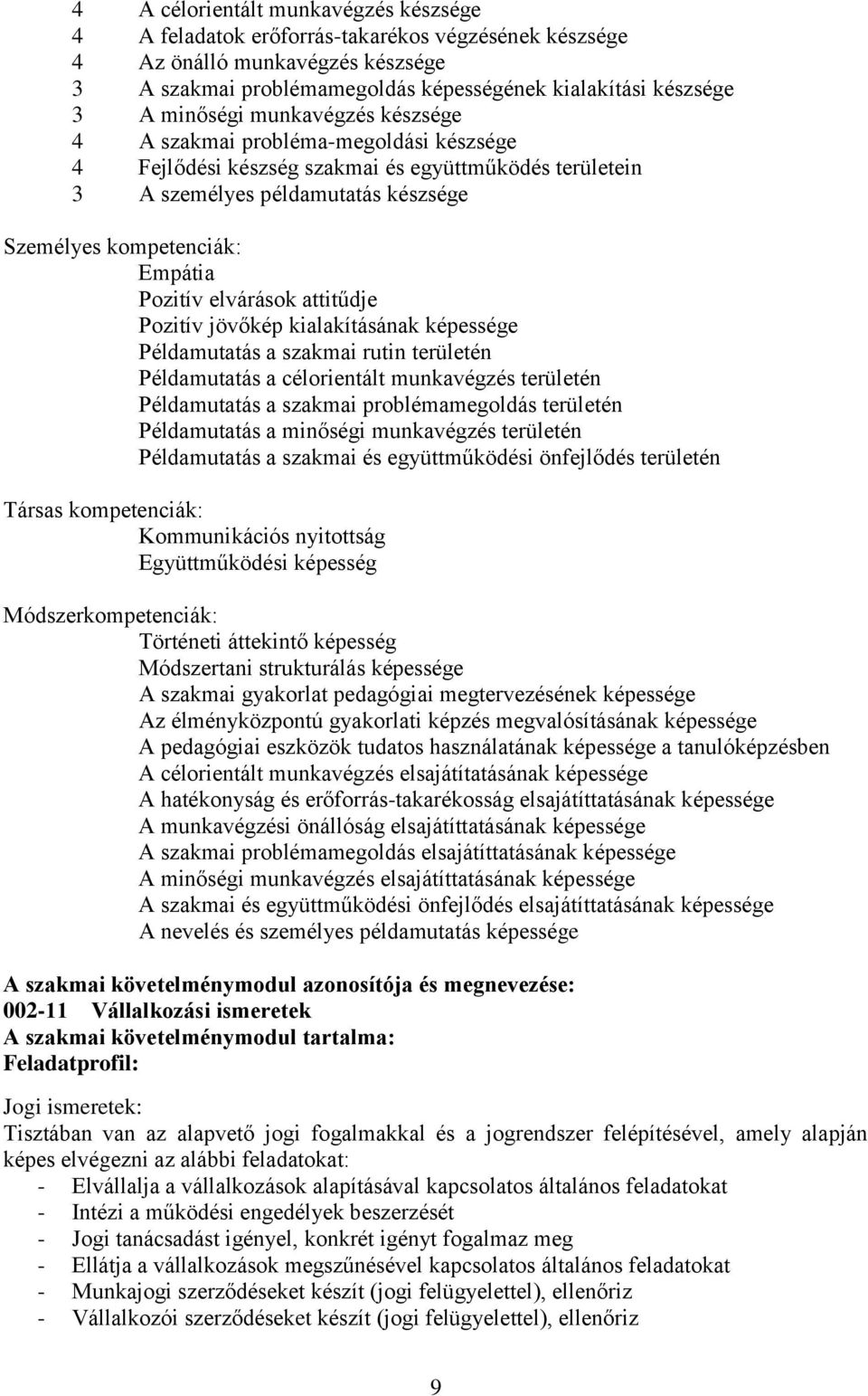 Pozitív elvárások attitűdje Pozitív jövőkép kialakításának képessége Példamutatás a szakmai rutin területén Példamutatás a célorientált munkavégzés területén Példamutatás a szakmai problémamegoldás