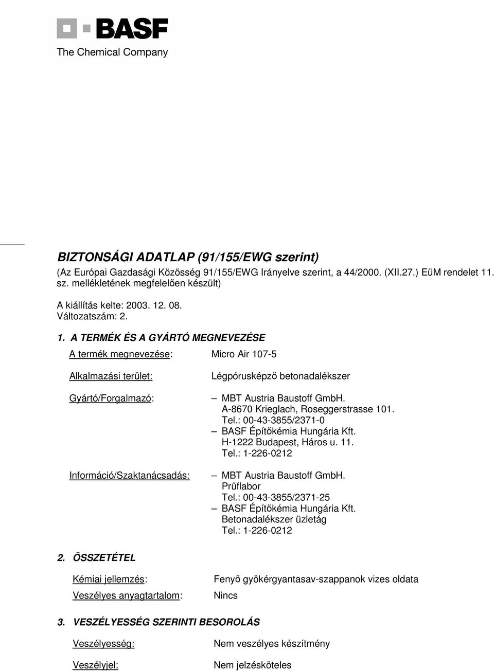 BIZTONSÁGI ADATLAP (91/155/EWG szerint) - PDF Ingyenes letöltés