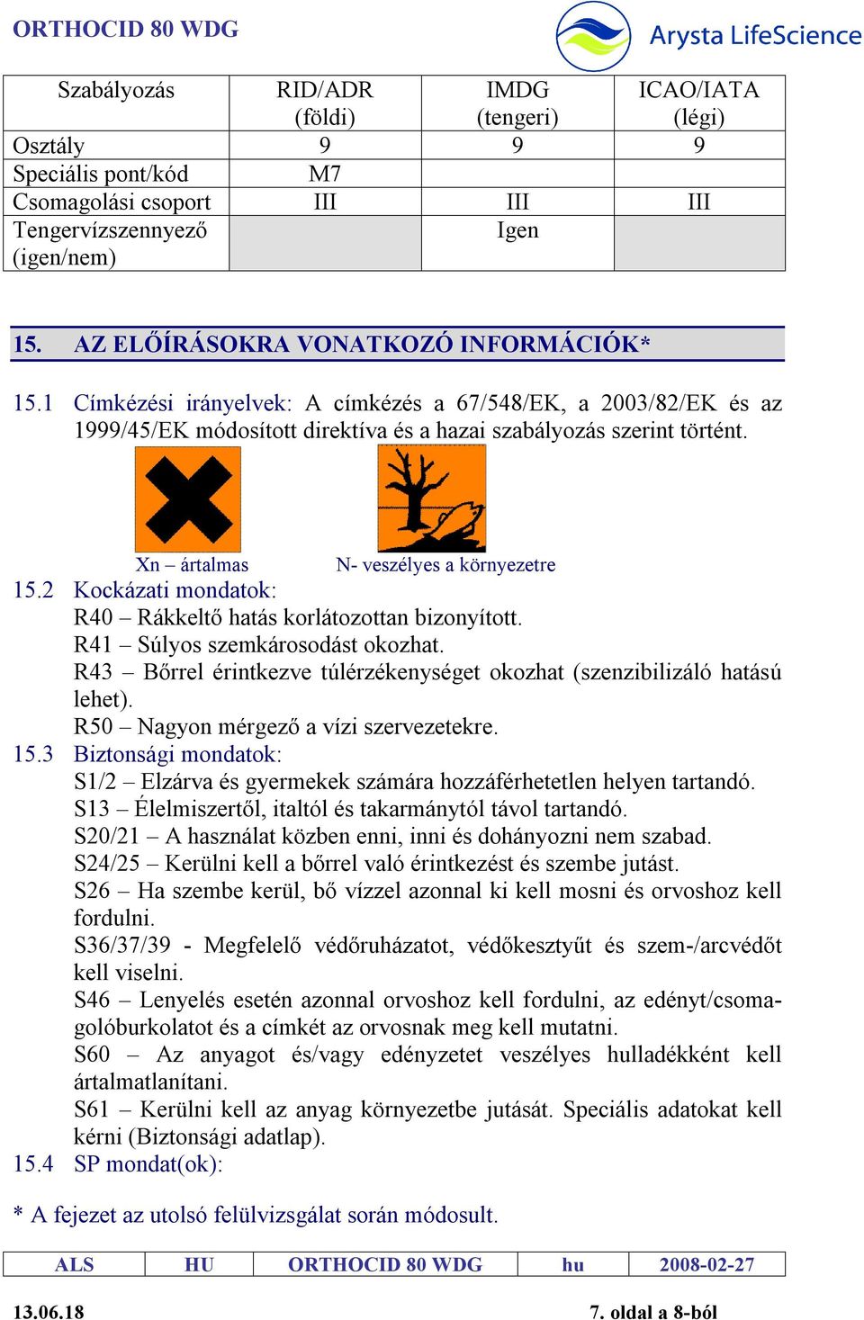 Xn ártalmas N- veszélyes a környezetre 15.2 Kockázati mondatok: R40 Rákkeltő hatás korlátozottan bizonyított. R41 Súlyos szemkárosodást okozhat.