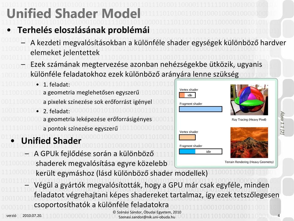 feladat: a geometria leképezése erőforrásigényes a pontok színezése egyszerű Unified Shader A GPUk fejlődése során a különböző shaderek megvalósítása egyre közelebb került egymáshoz (lásd különböző