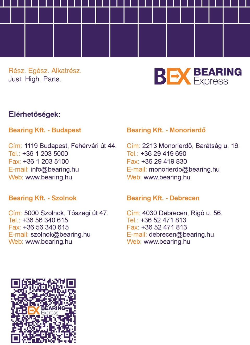 : +36 29 419 690 Fax: +36 29 419 830 E-mail: monorierdo@bearing.hu Web: www.bearing.hu Bearing Kft. - Szolnok Cím: 5000 Szolnok, Tószegi út 47. Tel.