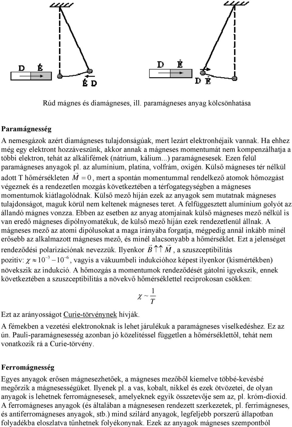 Ezen felül paramágneses anyagok pl. az alumínium, platina, volfrám, oxigén.