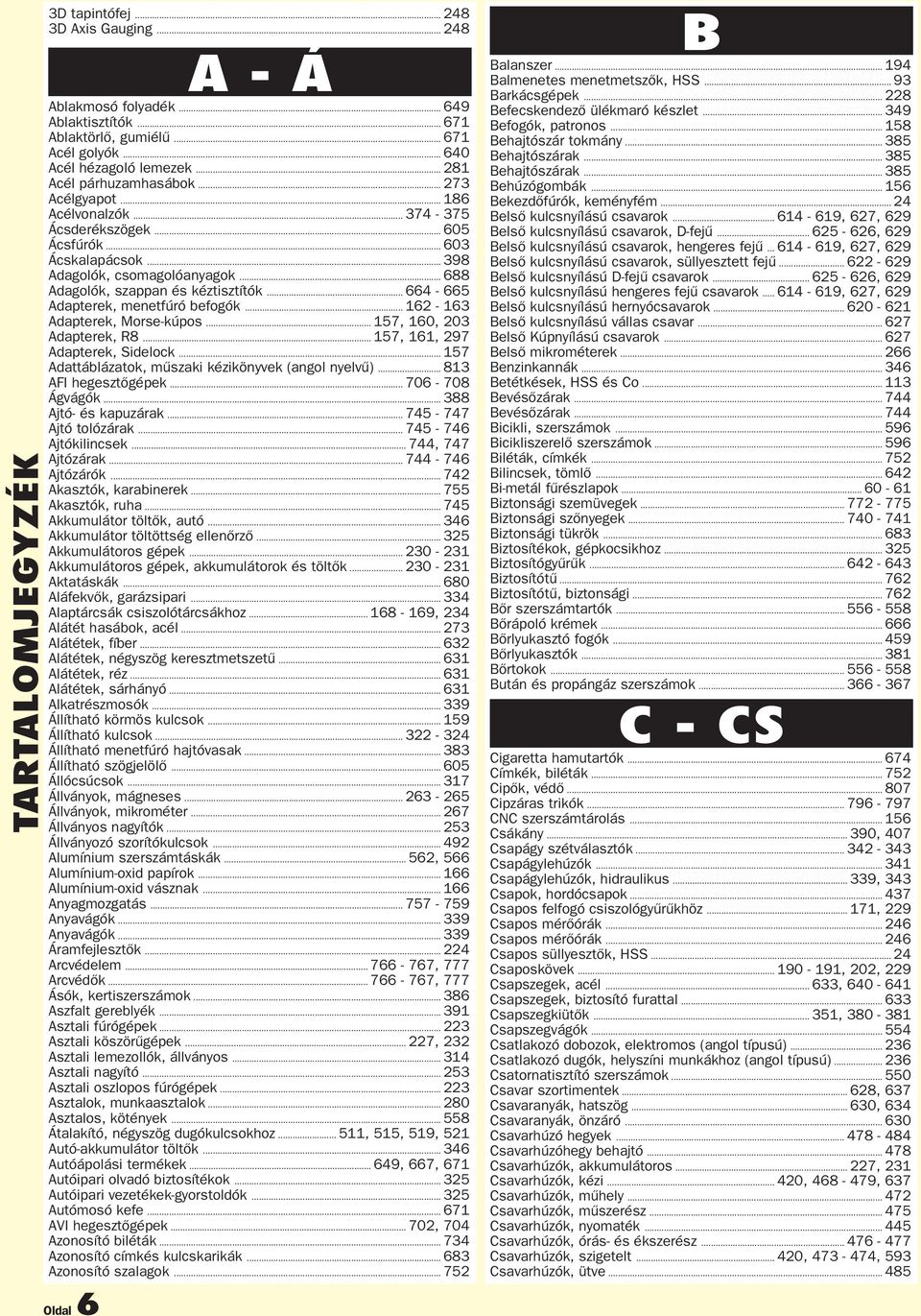 .. 688 Adagolók, szappan és kéztisztítók... 664-665 Adapterek, menetfúró befogók... 162-163 Adapterek, Morse-kúpos... 157, 160, 203 Adapterek, R8... 157, 161, 297 Adapterek, Sidelock.