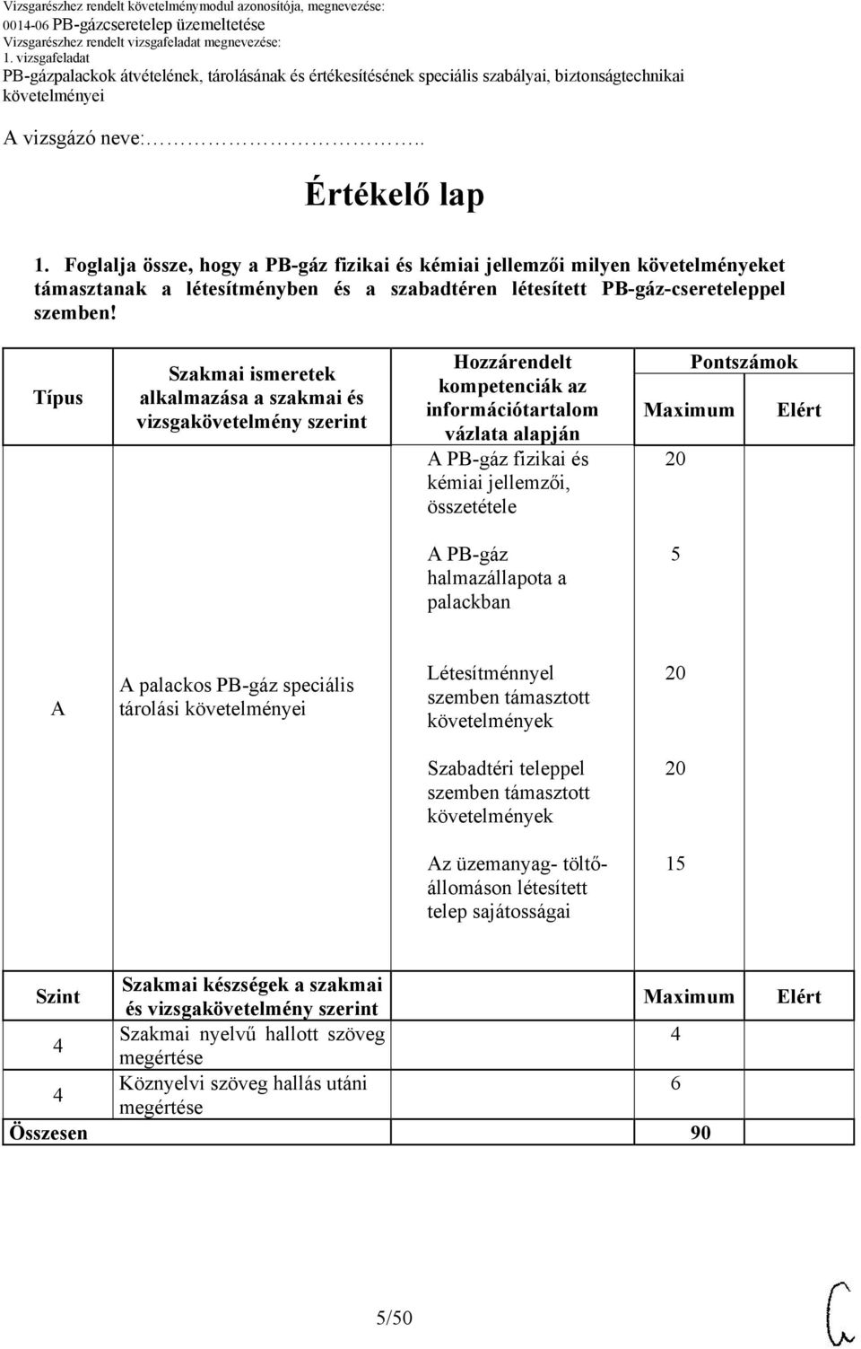 Pontszámok 20 A PB-gáz halmazállapota a palackban 5 A A palackos PB-gáz speciális tárolási Létesítménnyel szemben támasztott követelmények 20 Szabadtéri teleppel szemben támasztott