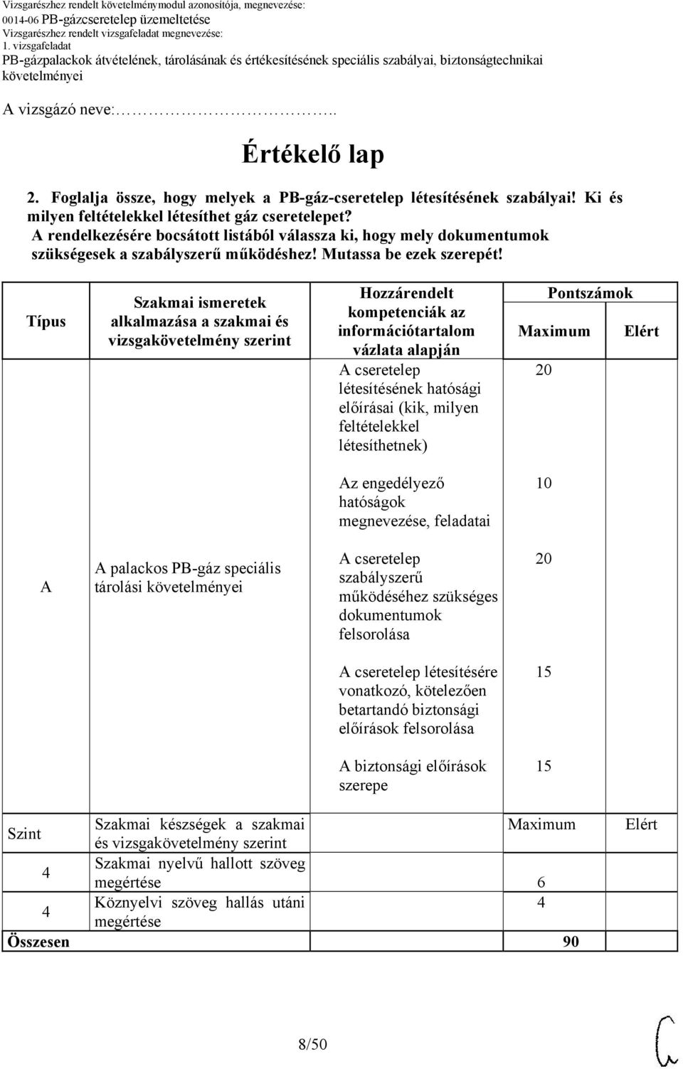 Típus Szakmai ismeretek alkalmazása a szakmai és vizsgakövetelmény szerint Hozzárendelt kompetenciák az információtartalom vázlata alapján A cseretelep létesítésének hatósági előírásai (kik, milyen