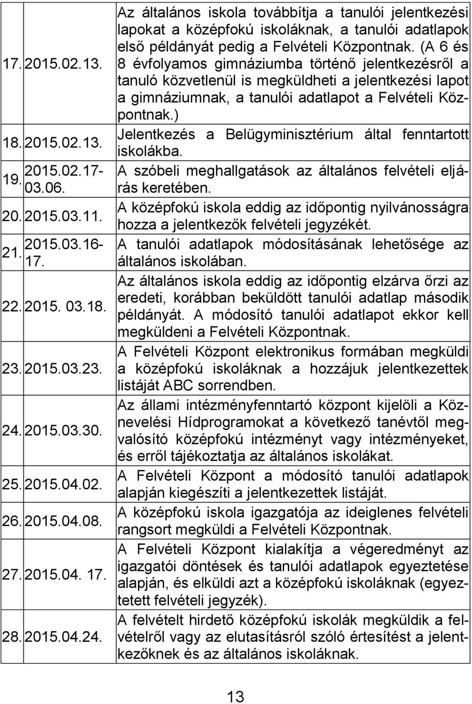 Az általános iskola továbbítja a tanulói jelentkezési lapokat a középfokú iskoláknak, a tanulói adatlapok első példányát pedig a Felvételi Központnak.