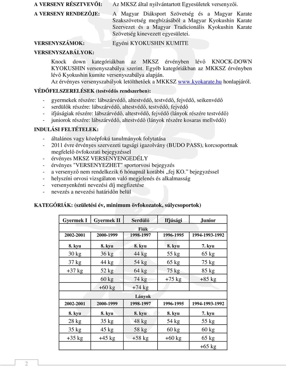 Egyéni KYOKUSHIN KUMITE VERSENYSZABÁLYOK: Knock down kategóriákban az MKSZ érvényben lévő KNOCK-DOWN KYOKUSHIN versenyszabálya szerint.