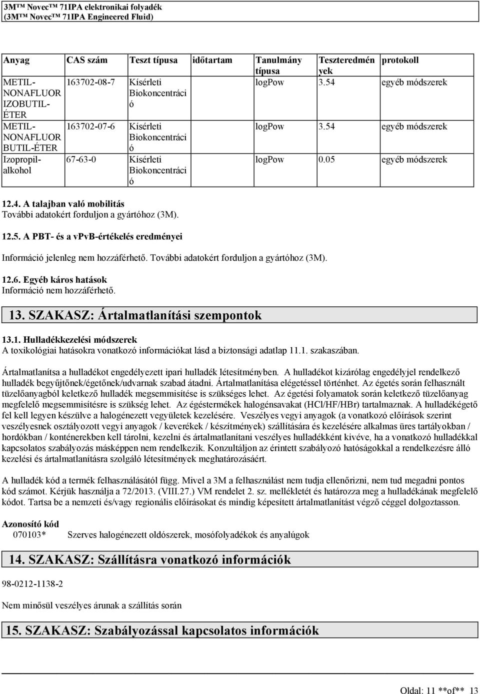 További adatokért forduljon a gyártóhoz (3M). 12.6. Egyéb káro hatáok Információ nem hozzáférhető. 13. SZAKASZ: Ártalmatlanítái zempontok logpow 3.54 egyéb módzerek logpow 0.05 egyéb módzerek 13.1. Hulladékkezeléi módzerek A toxikológiai hatáokra vonatkozó információkat lád a biztonági adatlap 11.