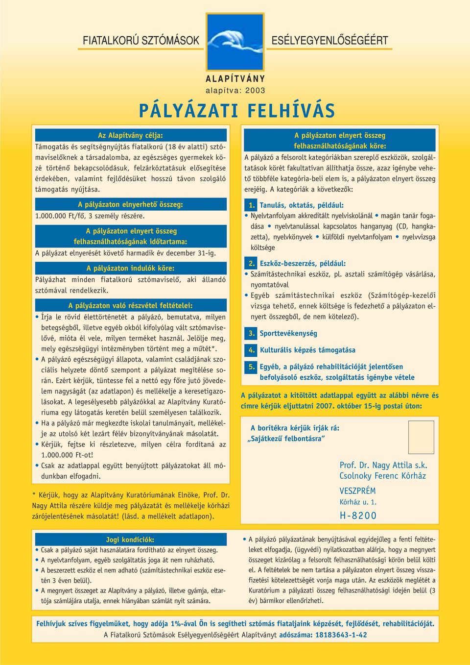 A pályázaton elnyert összeg felhasználhatóságának idôtartama: A pályázat elnyerését követô harmadik év december 31-ig.