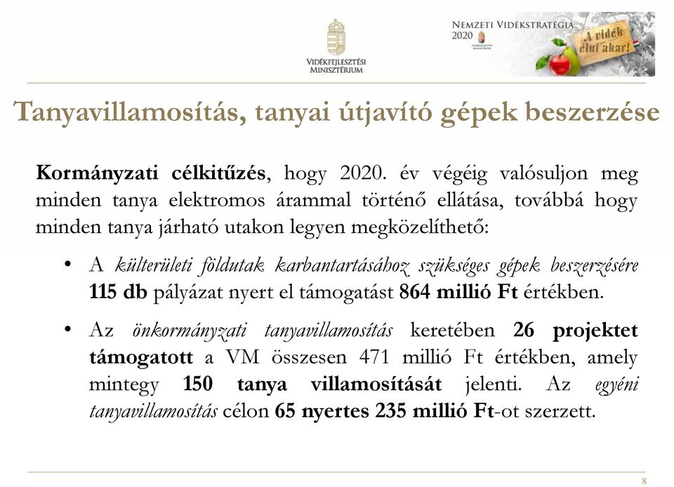 külterületi földutak karbantartásához szükséges gépek beszerzésére 115 db pályázat nyert el támogatást 864 millió Ft értékben.