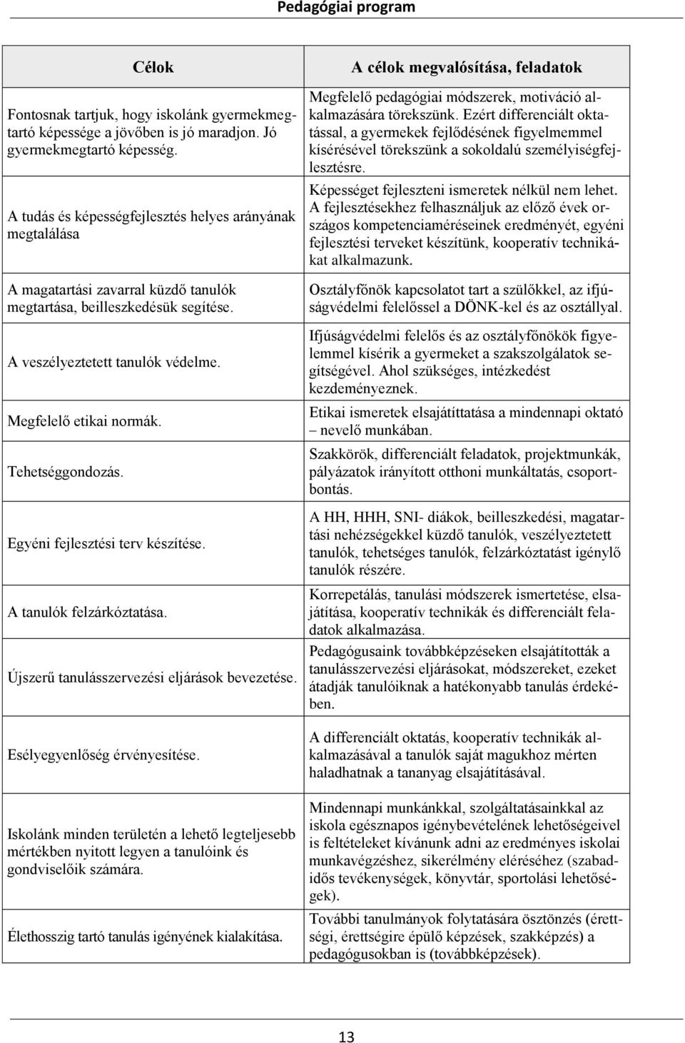 Tehetséggondozás. Egyéni fejlesztési terv készítése. A tanulók felzárkóztatása. Újszerű tanulásszervezési eljárások bevezetése. Esélyegyenlőség érvényesítése.