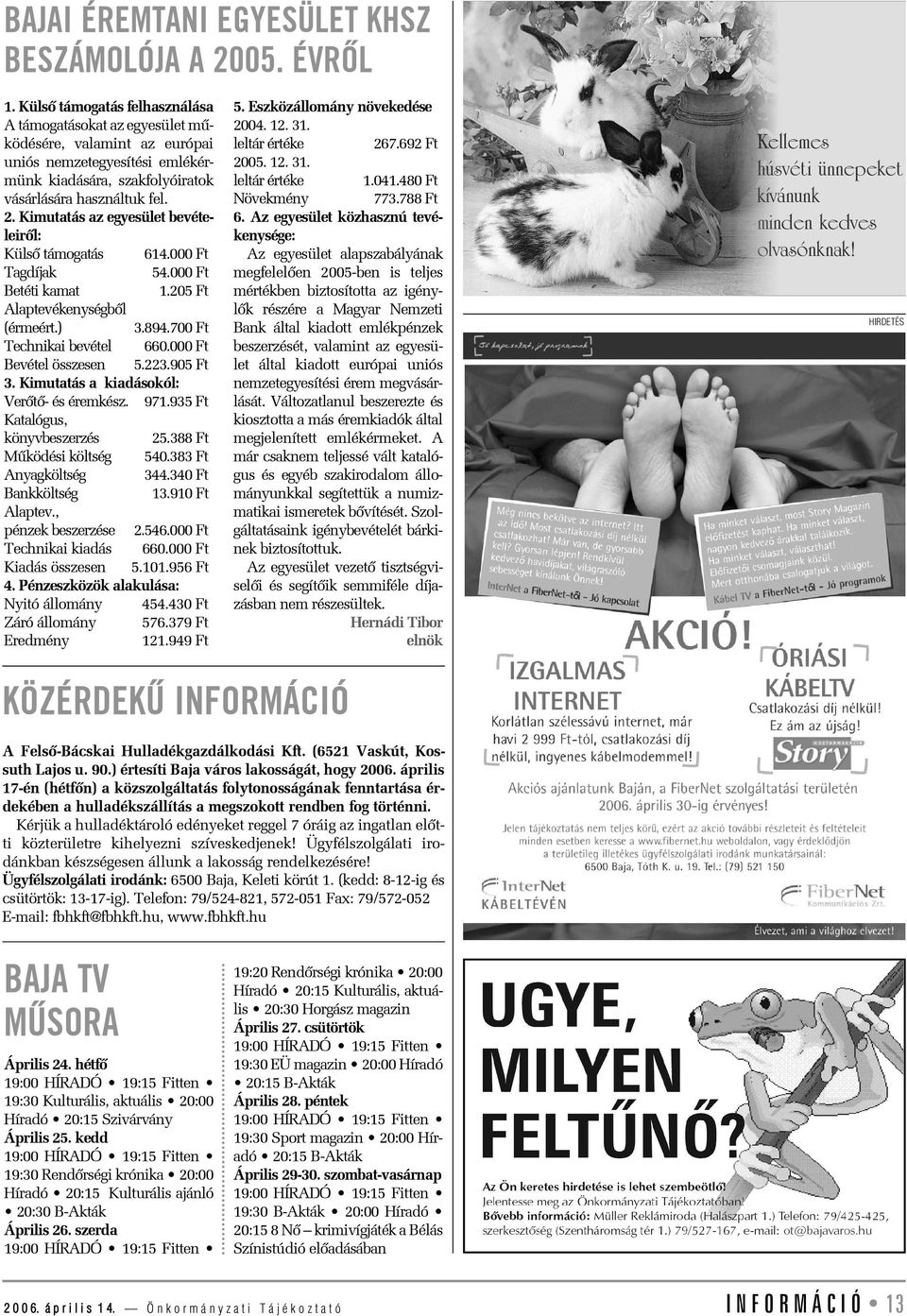 Kimutatás az egyesület bevételeirõl: Külsõ támogatás 614.000 Ft Tagdíjak 54.000 Ft Betéti kamat 1.205 Ft Alaptevékenységbõl (érmeért.) 3.894.700 Ft Technikai bevétel 660.000 Ft Bevétel összesen 5.223.