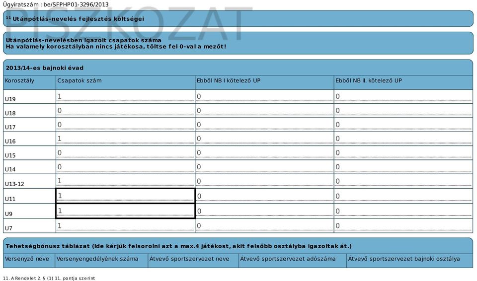 kötelező UP U19 U18 U17 U16 U15 U14 U13-12 U11 U9 U7 1 0 0 0 0 0 0 0 0 1 0 0 0 0 0 0 0 0 1 0 0 1 0 0 1 0 0 1 0 0 Tehetségbónusz táblázat (Ide kérjük felsorolni
