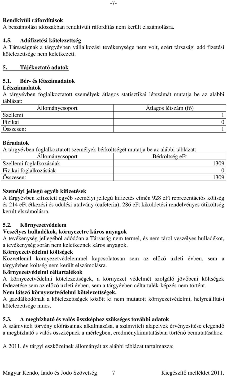 Bér- és létszámadatok Létszámadatok A tárgyévben foglalkoztatott személyek átlagos statisztikai létszámát mutatja be az alábbi táblázat: Állománycsoport Átlagos létszám (fő) Szellemi 1 Fizikai 0