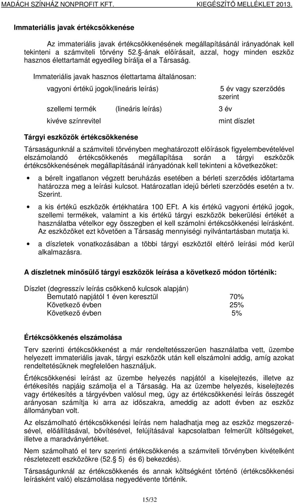 Immateriális javak hasznos élettartama általánosan: vagyoni értékű jogok(lineáris leírás) szellemi termék (lineáris leírás) 3 év kivéve színrevitel Tárgyi eszközök értékcsökkenése 5 év vagy szerződés