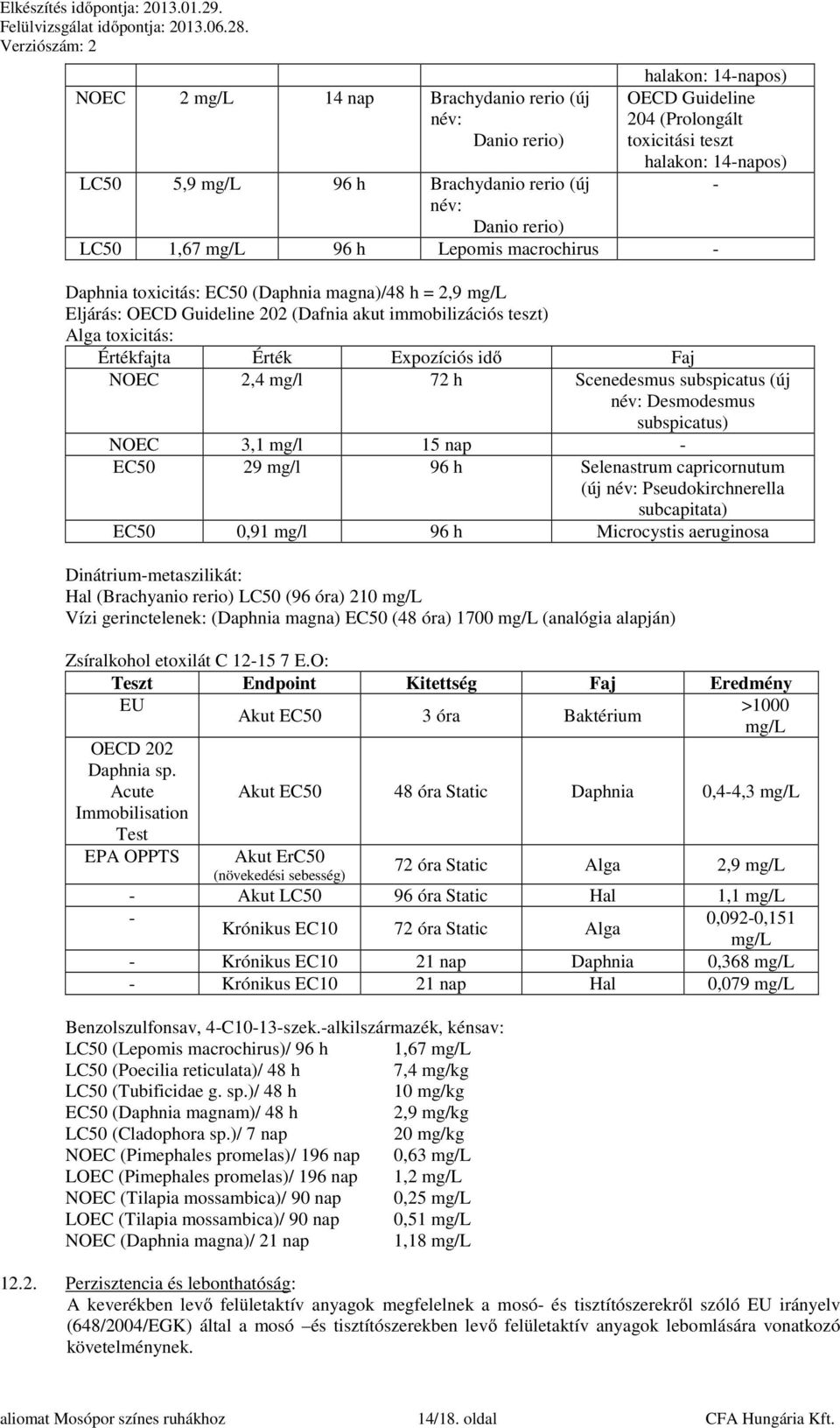 Érték Expozíciós idő Faj NOEC 2,4 mg/l 72 h Scenedesmus subspicatus (új név: Desmodesmus subspicatus) NOEC 3,1 mg/l 15 nap - EC50 29 mg/l 96 h Selenastrum capricornutum (új név: Pseudokirchnerella