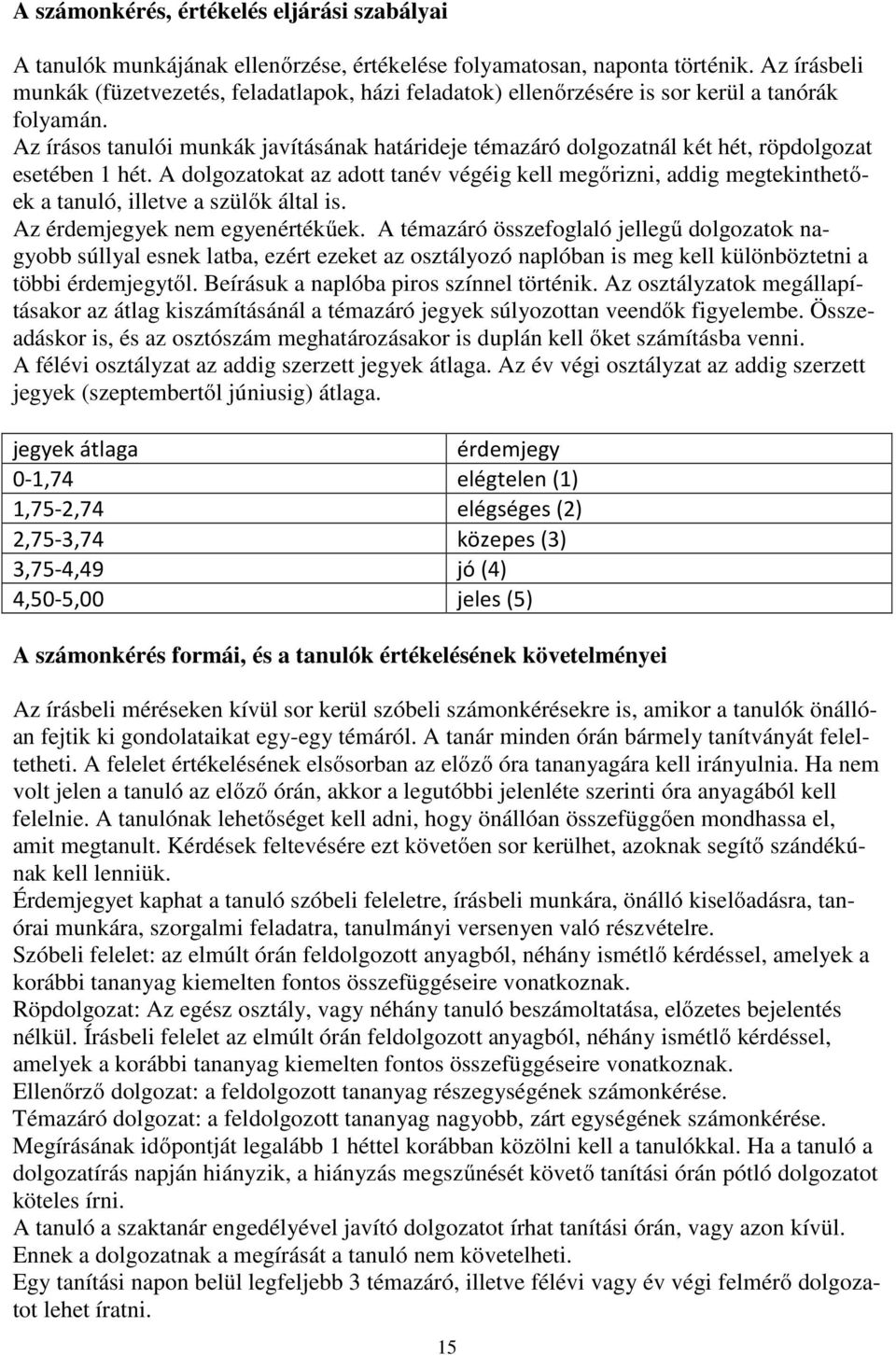 Az írásos tanulói munkák javításának határideje témazáró dolgozatnál két hét, röpdolgozat esetében 1 hét.