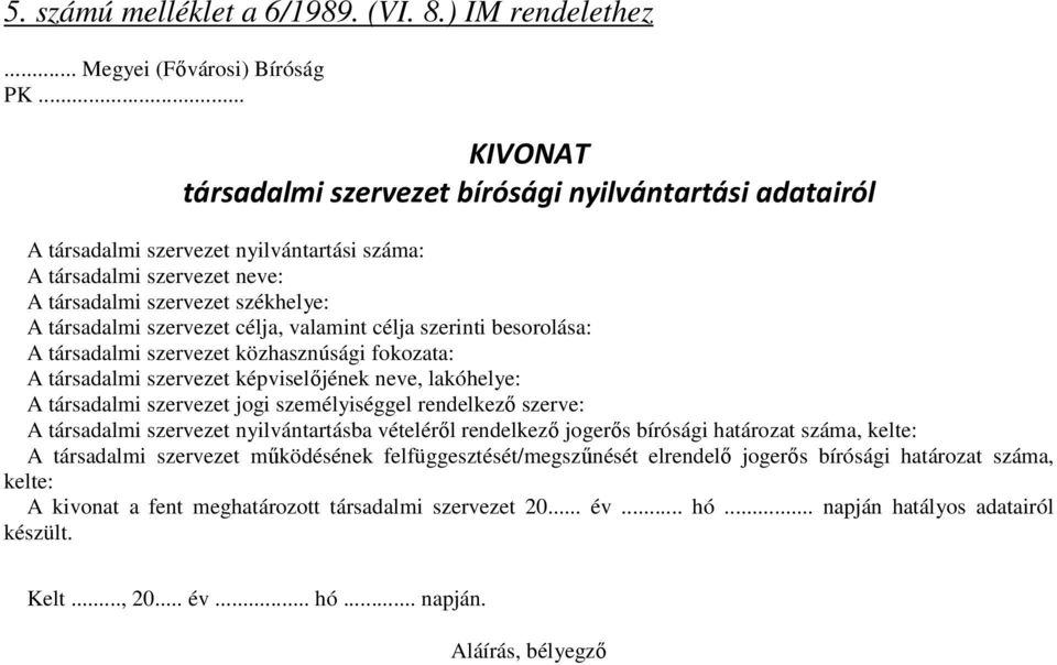 célja, valamint célja szerinti besorolása: A társadalmi szervezet közhasznúsági fokozata: A társadalmi szervezet képviselıjének neve, lakóhelye: A társadalmi szervezet jogi személyiséggel rendelkezı