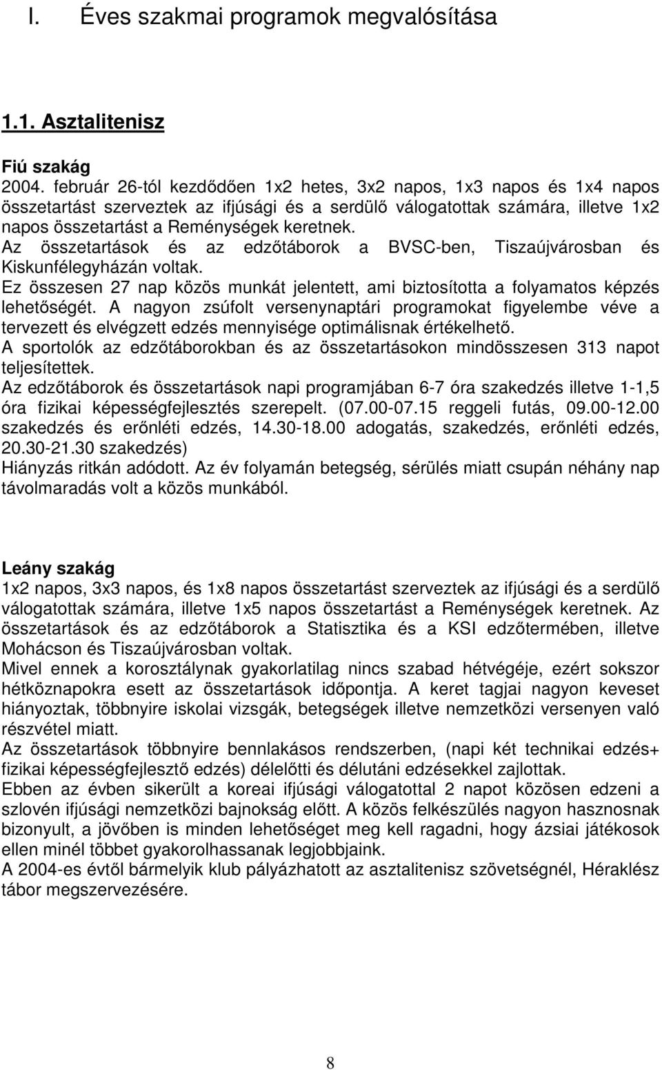 Az összetartások és az edzőtáborok a BVSC-ben, Tiszaújvárosban és Kiskunfélegyházán voltak. Ez összesen 27 nap közös munkát jelentett, ami biztosította a folyamatos képzés lehetőségét.