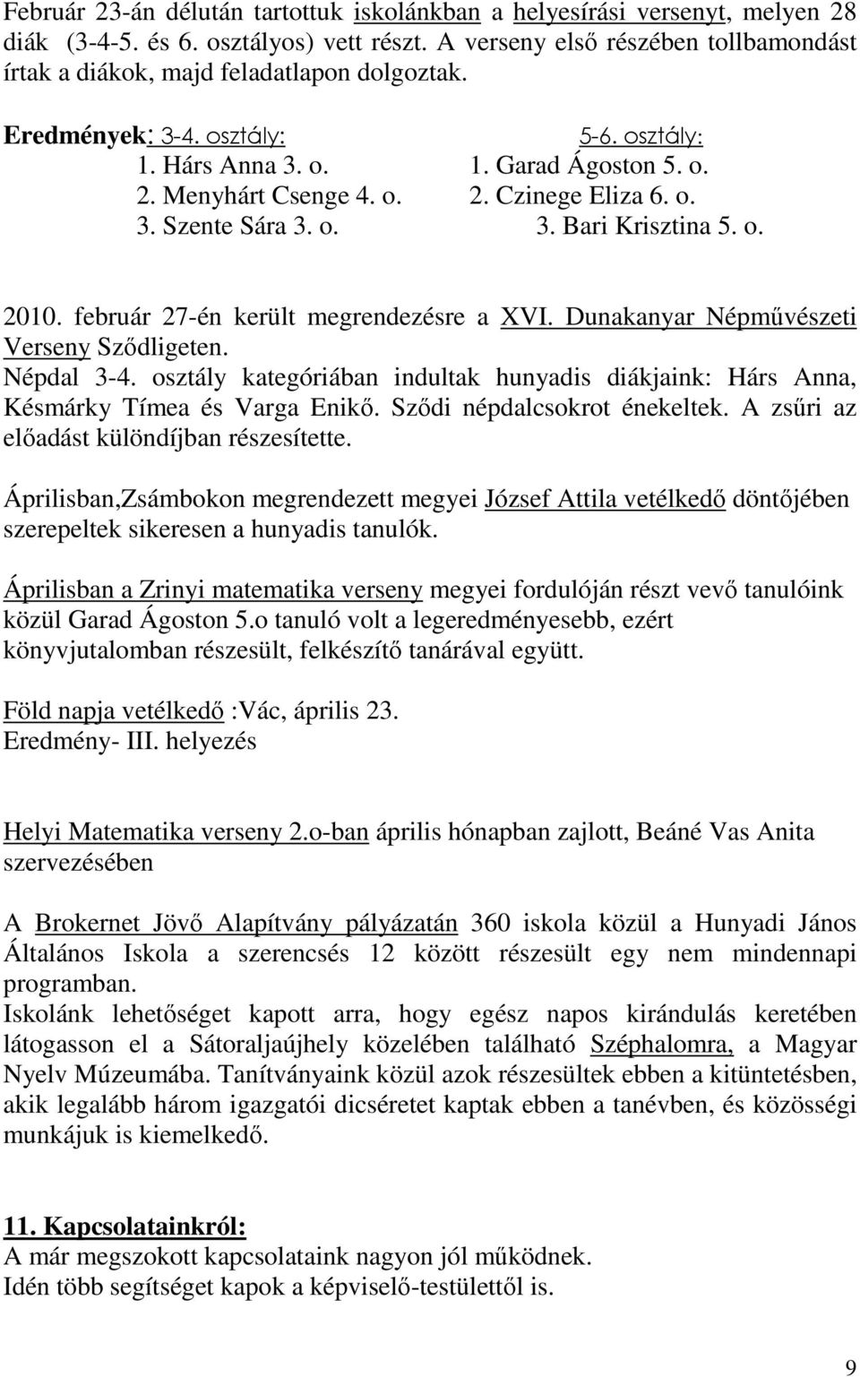 o. 3. Szente Sára 3. o. 3. Bari Krisztina 5. o. 2010. február 27-én került megrendezésre a XVI. Dunakanyar Népművészeti Verseny Sződligeten. Népdal 3-4.