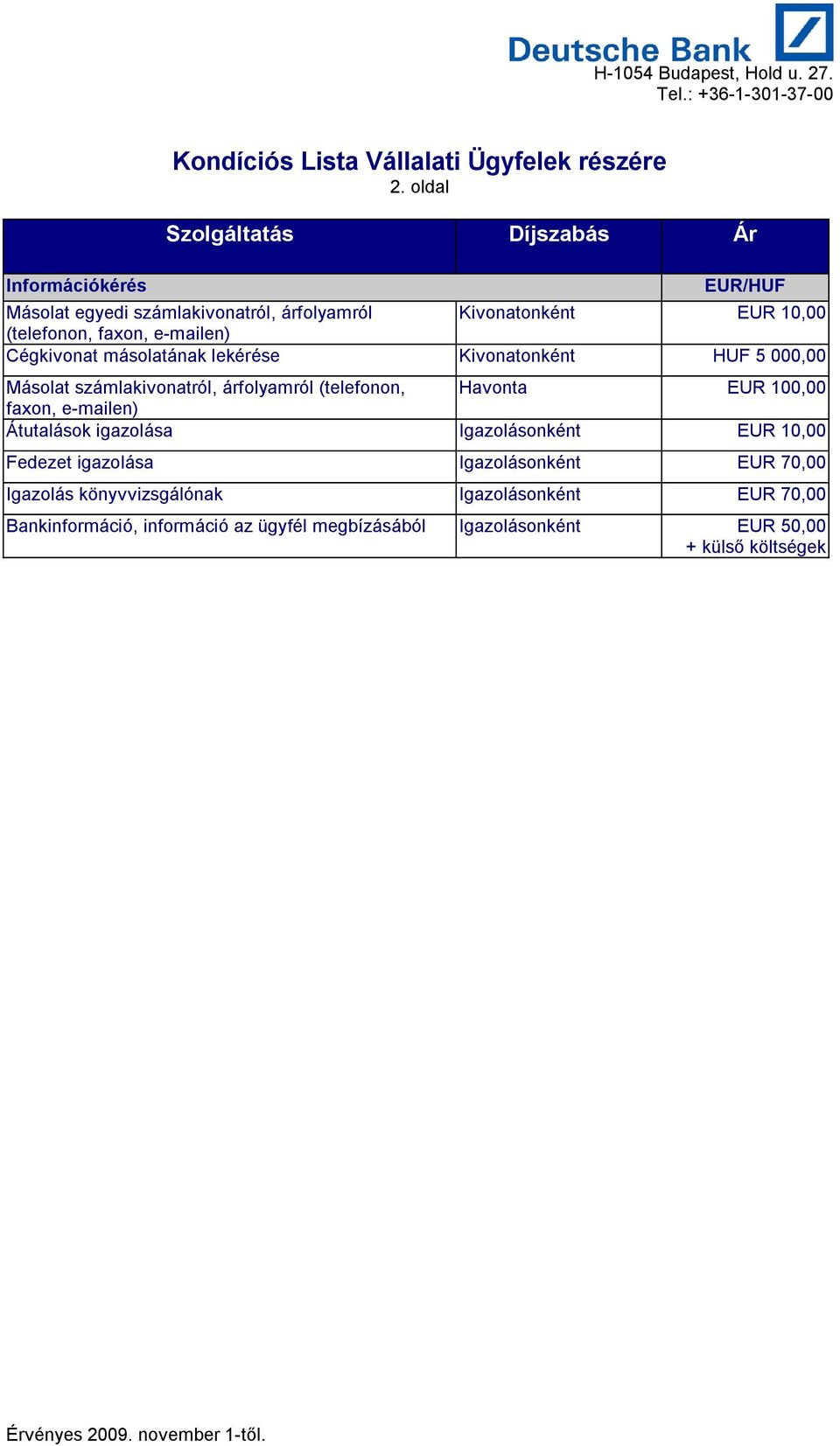 e-mailen) Cégkivonat másolatának lekérése Kivonatonként HUF 5 000,00 Másolat számlakivonatról, árfolyamról (telefonon, Havonta