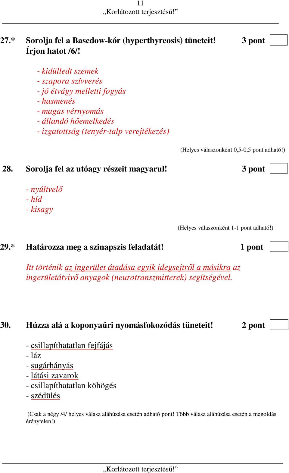 Sorolja fel az utóagy részeit magyarul! 3 pont - nyúltvelő - híd - kisagy 29.* Határozza meg a szinapszis feladatát!