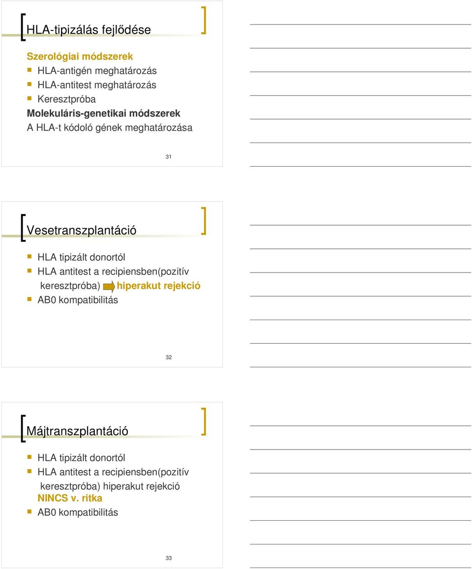 HLA antitest a recipiensben(pozitív keresztpróba) hiperakut rejekció AB0 kompatibilitás 32 Májtranszplantáció HLA