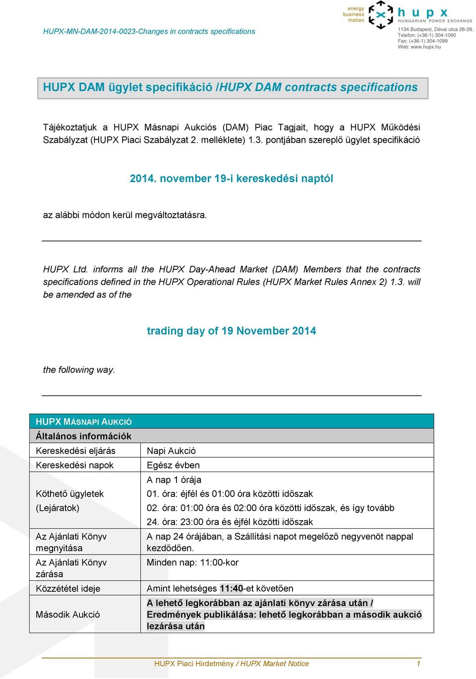 informs all the HUPX Day-Ahead Market (DAM) Members that the contracts specifications defined in the HUPX Operational Rules (HUPX Market Rules Annex 2) 1.3.