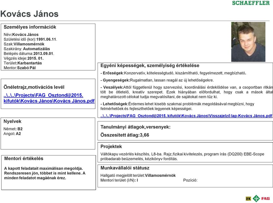 pdf Nyelvek Német: B2 Angol: A2 Mentori értékelés Egyéni képességek, személyiség értékelése - Erősségek:Konzervatív, kötelességtudó, kiszámítható, fegyelmezett, megbízható.