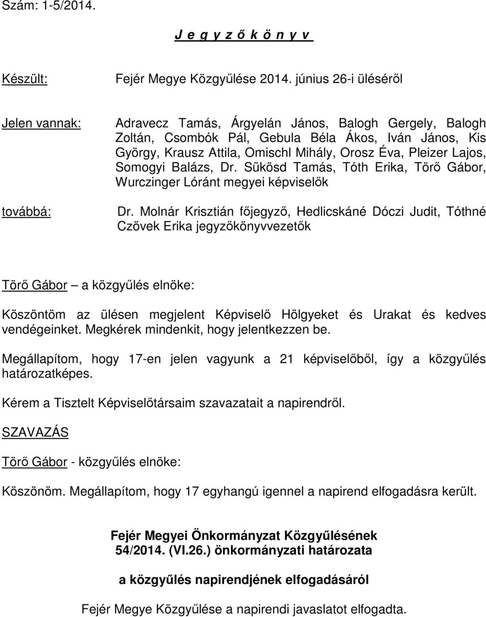 Éva, Pleizer Lajos, Somogyi Balázs, Dr. Sükösd Tamás, Tóth Erika, Törı Gábor, Wurczinger Lóránt megyei képviselık Dr.