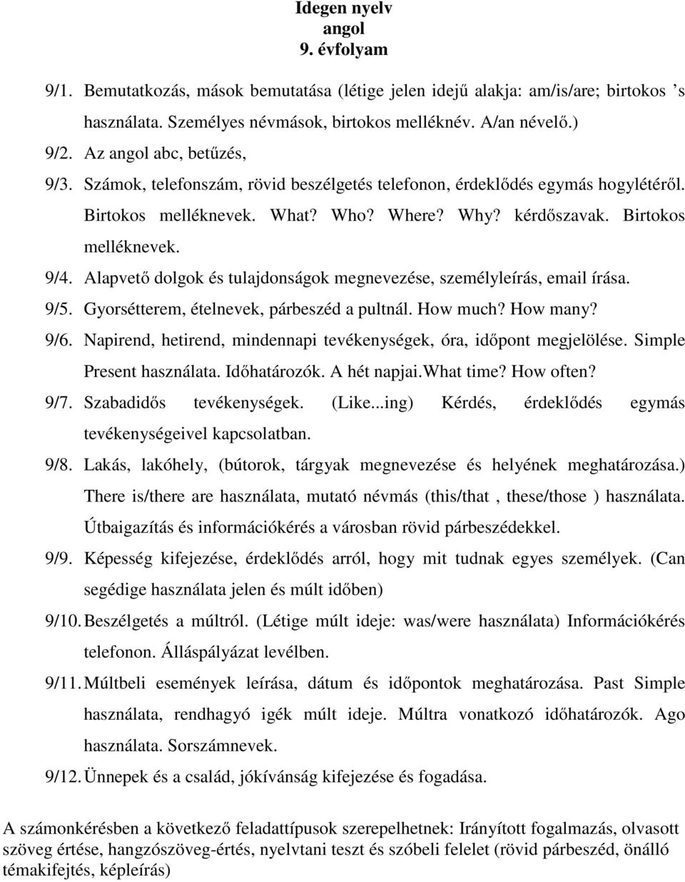 Alapvető dolgok és tulajdonságok megnevezése, személyleírás, email írása. 9/5. Gyorsétterem, ételnevek, párbeszéd a pultnál. How much? How many? 9/6.