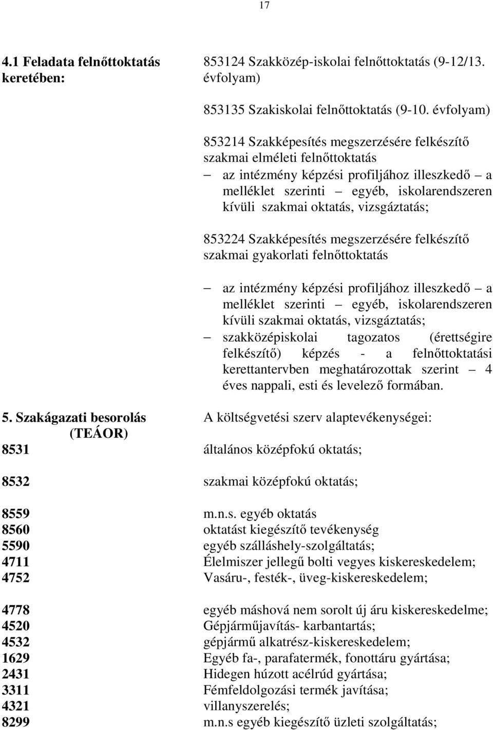 oktatás, vizsgáztatás; 853224 Szakképesítés megszerzésére felkészítő szakmai gyakorlati felnőttoktatás az intézmény képzési profiljához illeszkedő a melléklet szerinti egyéb, iskolarendszeren kívüli
