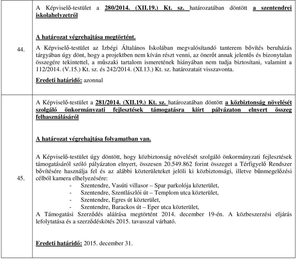 összegére tekintettel, a műszaki tartalom ismeretének hiányában nem tudja biztosítani, valamint a 112/2014. (V.15.) Kt. sz. és 242/2014. (XI.13.) Kt. sz. határozatait visszavonta.