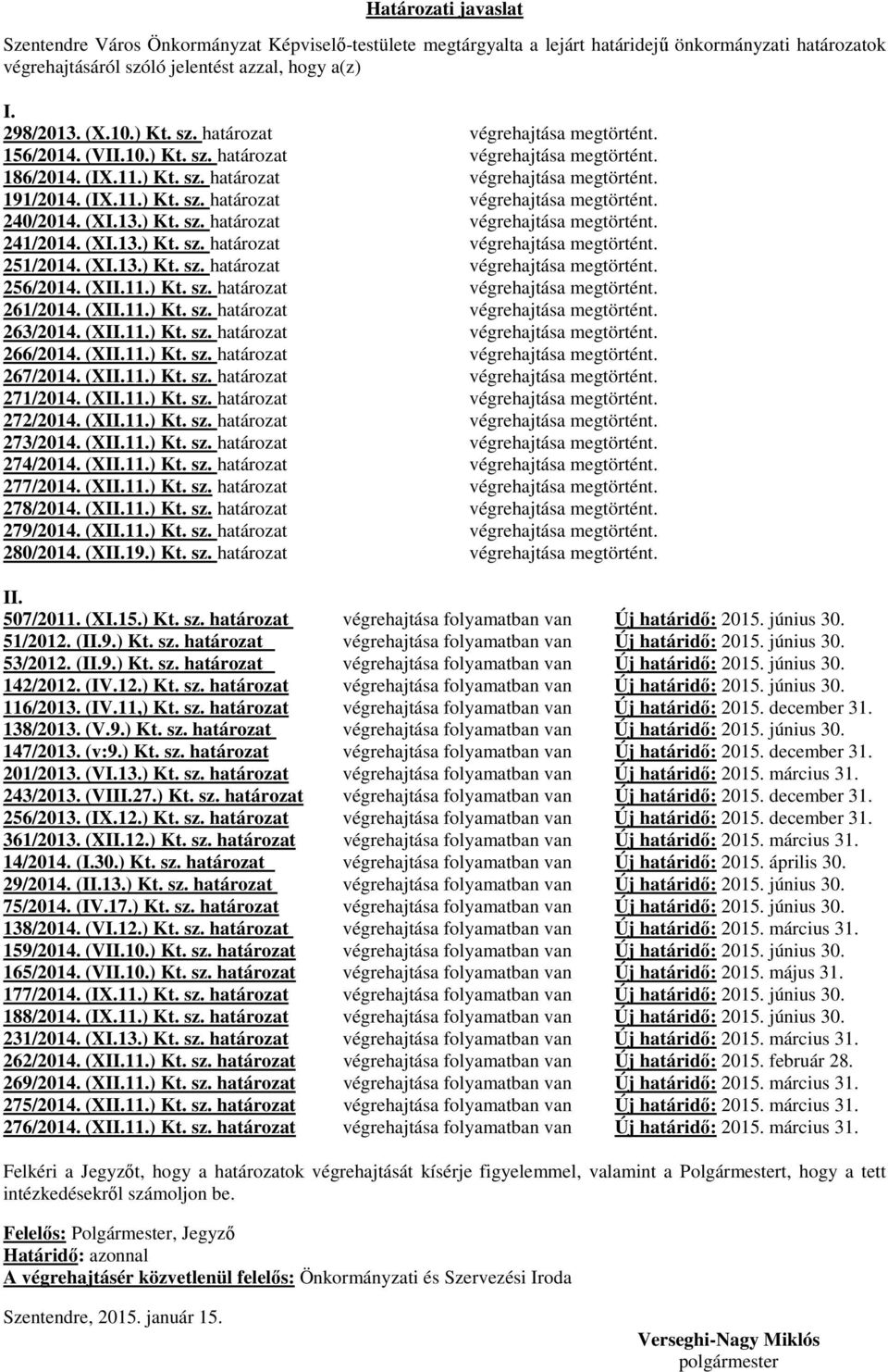 (XI.13.) Kt. sz. határozat végrehajtása megtörtént. 241/2014. (XI.13.) Kt. sz. határozat végrehajtása megtörtént. 251/2014. (XI.13.) Kt. sz. határozat végrehajtása megtörtént. 256/2014. (XII.11.) Kt. sz. határozat végrehajtása megtörtént. 261/2014.