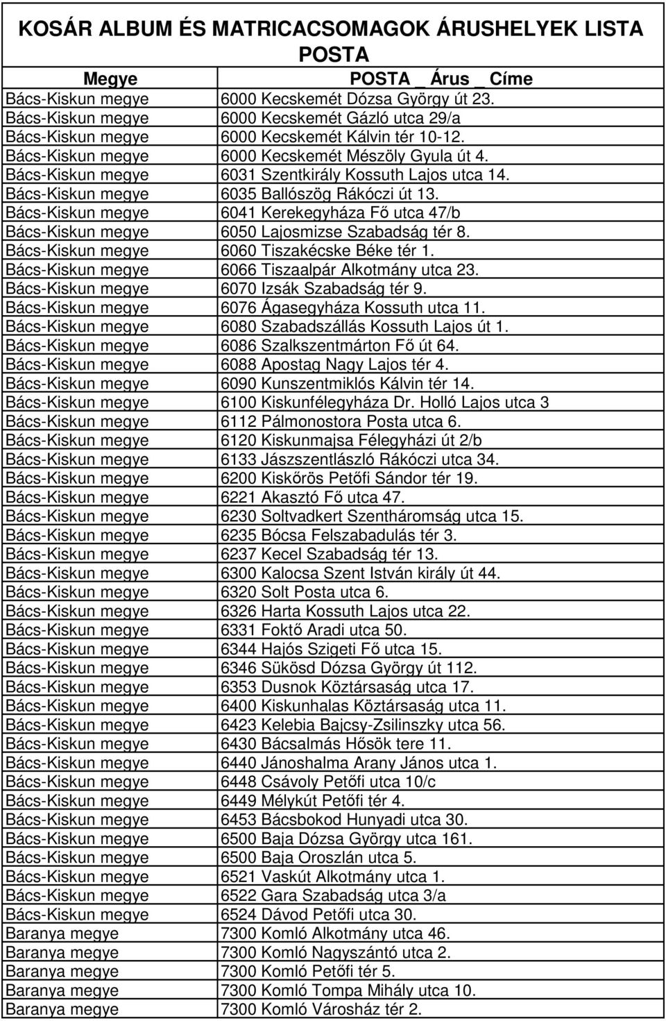 Bács-Kiskun megye 6031 Szentkirály Kossuth Lajos utca 14. Bács-Kiskun megye 6035 Ballószög Rákóczi út 13.