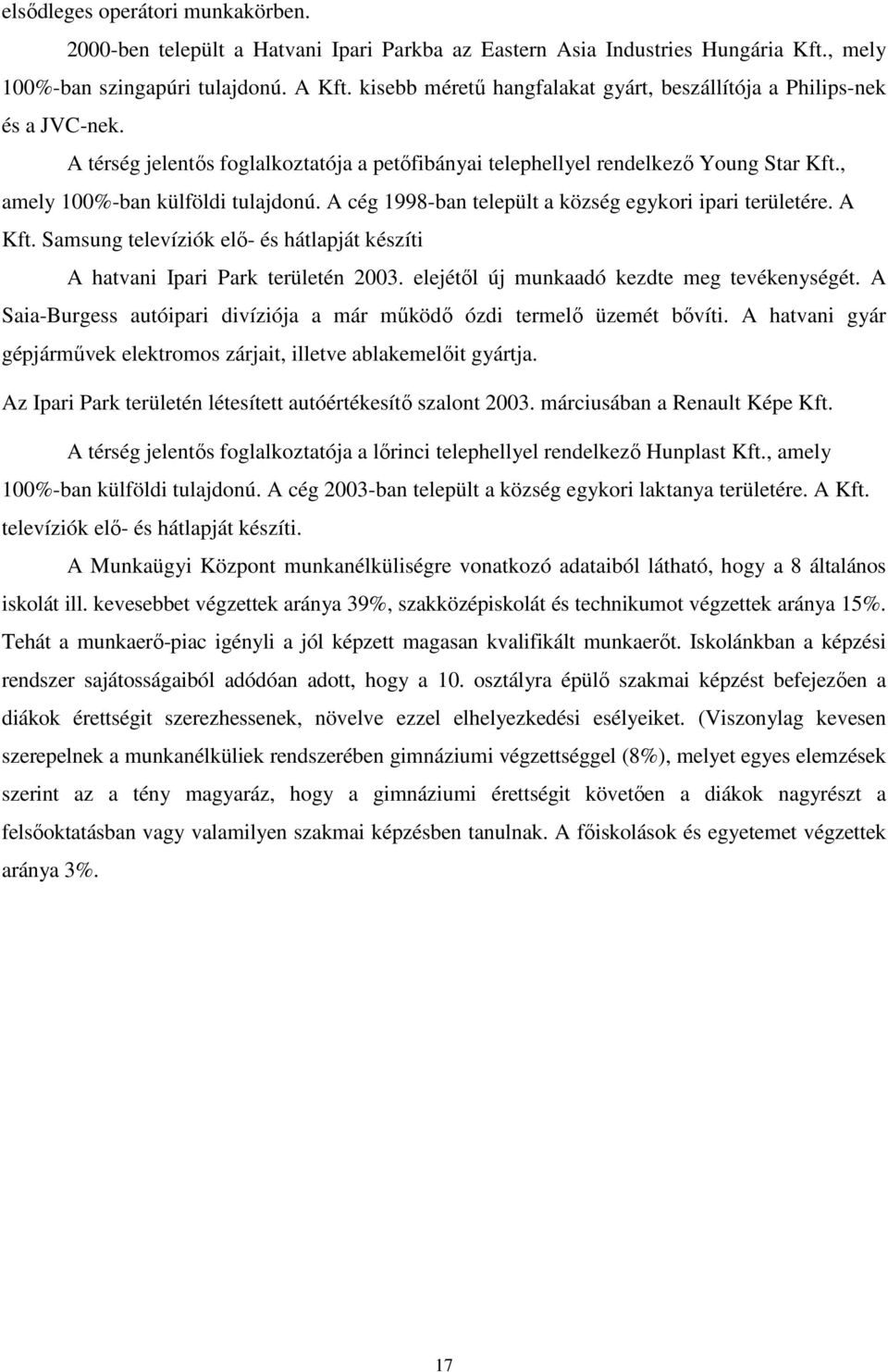 A cég 1998-ban települt a község egykori ipari területére. A Kft. Samsung televíziók elı- és hátlapját készíti A hatvani Ipari Park területén 2003. elejétıl új munkaadó kezdte meg tevékenységét.