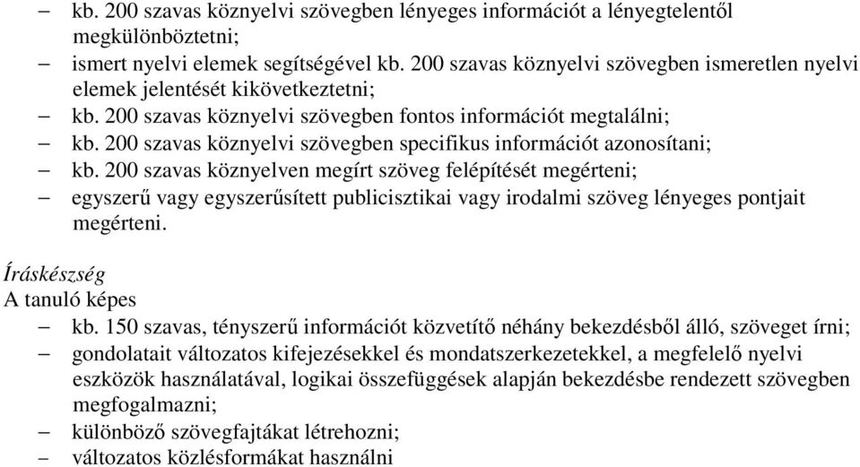 200 szavas köznyelvi szövegben specifikus információt azonosítani; kb.