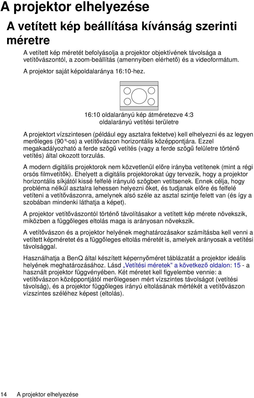 16:10 oldalarányú kép átméretezve 4:3 oldalarányú vetítési területre A projektort vízszintesen (például egy asztalra fektetve) kell elhelyezni és az legyen merőleges (90 -os) a vetítővászon