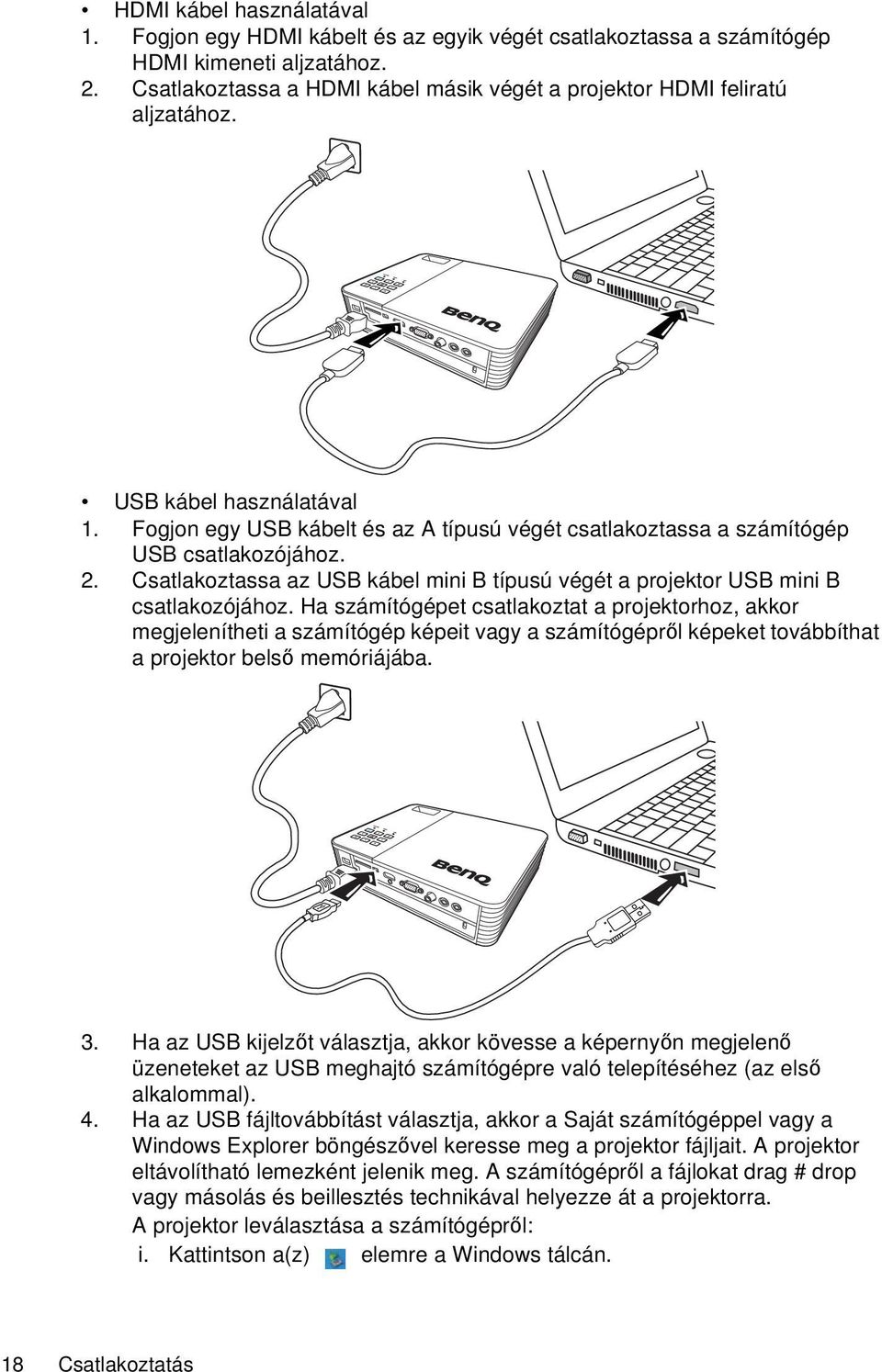 Csatlakoztassa az USB kábel mini B típusú végét a projektor USB mini B csatlakozójához.