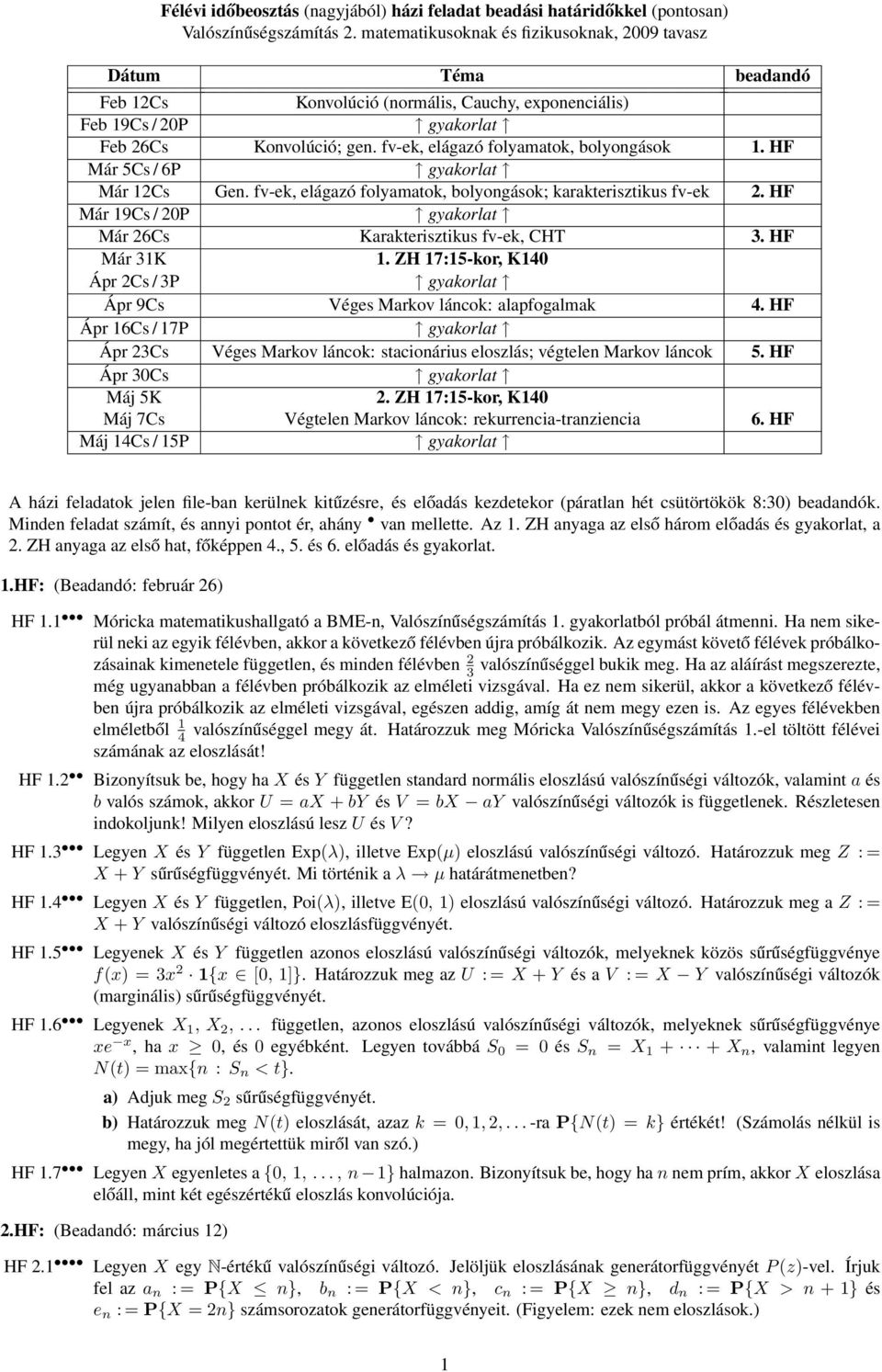 fv-ek, elágazó folyamatok, bolyongások 1. HF Már 5Cs / 6P Már 12Cs Gen. fv-ek, elágazó folyamatok, bolyongások; karakterisztikus fv-ek 2. HF Már 19Cs / 20P Már 26Cs Karakterisztikus fv-ek, CHT 3.